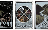 Trois cartes du jeu de tarot "TARO::TORA" d'Ava Sayaka Rosen. (Ava Sayaka Rosen/via JTA)