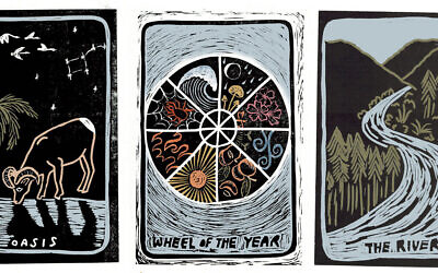 Trois cartes du jeu de tarot "TARO::TORA" d'Ava Sayaka Rosen. (Ava Sayaka Rosen/via JTA)