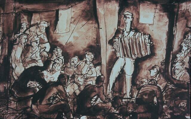 Détail du dessin "Divertissement" réalisé dans le camp de concentration de Terezin par Bedřich Fritta,en 1943.Collection de Thomas Fritta Haas. (Crédit : 'Our Will to Live' de Mark Ludwig, publié by Steidl/ via JTA)
