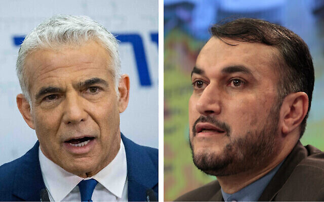 A gauche : le ministre des Affaires étrangères Yair Lapid prend la parole lors d'une réunion de la faction Yesh Atid à la Knesset à Jérusalem, le 25 octobre 2021. (Crédit : Yonatan Sindel/Flash90) ; à droite : Hossein Amir-Abdollahian, alors vice-ministre iranien des Affaires étrangères, s'exprime lors d'une conférence de presse à Moscou, en Russie, le 3 août 2012. (Crédit : AP Photo/Misha Japaridze, File) A gauche : le ministre des Affaires étrangères Yair Lapid prend la parole lors d'une réunion de la faction Yesh Atid à la Knesset à Jérusalem, le 25 octobre 2021. (Crédit : Yonatan Sindel/Flash90) ; à droite : Hossein Amir-Abdollahian, alors vice-ministre iranien des Affaires étrangères, s'exprime lors d'une conférence de presse à Moscou, en Russie, le 3 août 2012. (Crédit : AP Photo/Misha Japaridze, File)