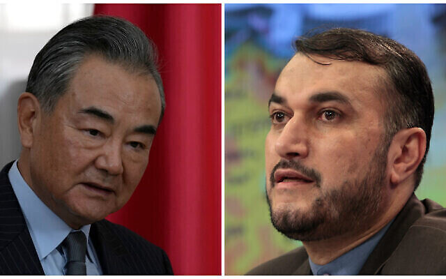 Le ministre chinois des Affaires étrangères Wang Yi (g) lors d'une réunion à Belgrade, en Serbie, le 28 octobre 2021 ; et (à droite) le ministre iranien des Affaires étrangères (alors vice-ministre) Hossein Amirabollahian s'exprime lors d'une conférence de presse à Moscou, en Russie, le 3 août 2012. (Crédit : AP Photo/Darko Vojinovic ; Misha Japaridze) Le ministre chinois des Affaires étrangères Wang Yi (g) lors d'une réunion à Belgrade, en Serbie, le 28 octobre 2021 ; et (à droite) le ministre iranien des Affaires étrangères (alors vice-ministre) Hossein Amirabollahian s'exprime lors d'une conférence de presse à Moscou, en Russie, le 3 août 2012. (Crédit : AP Photo/Darko Vojinovic ; Misha Japaridze)
