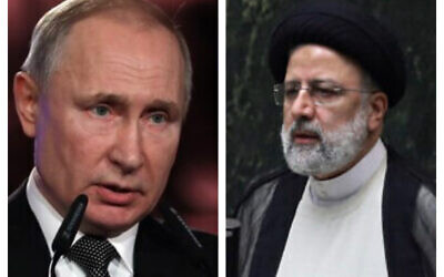Le président russe Vladimir Poutine/Le président iranien Ebrahim Raissi. (Crédits : Abir SULTAN/ AFP et AP Photo/Vahid Salemi)