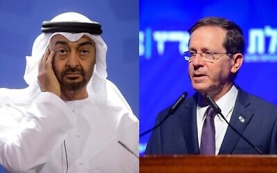 Le sheikh Mohammed ben Zayed Al Nahyan, à gauche, et le président Isaac Herzog, à droite. (Crédit : Markus Schreiber/AP, Avshalom Sassoni/Flash90)