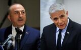 Le ministre turc des Affaires étrangères Mevlut Cavusoglu à gauche, et le ministre israélien des Affaires étrangères Yair Lapid à droite. (Crédit : Hussein Malla/AP ; Oliver Fitoussi/Flash90)