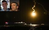 Une fusée éclairante de l'armée israélienne illumine le ciel pendant les recherches après le crash d'un hélicoptère militaire au large de Haïfa, dans la nuit du 3 janvier 2021. Encart : Les deux soldats tués, le lieutenant-colonel Erez Sachyani (à droite) et le major Chen Fogel (Alon Nadav/Flash90 ; Forces de défense israéliennes).