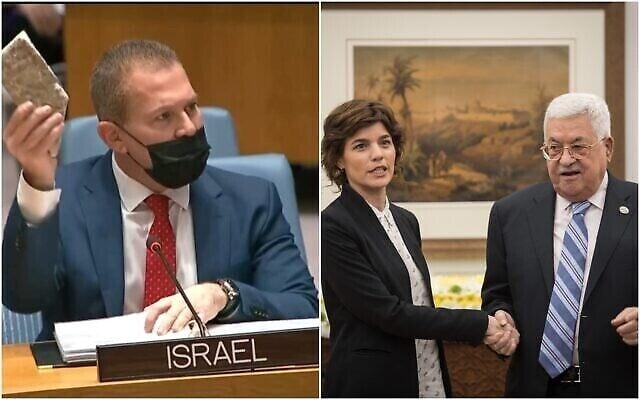 Gilad Erdan (à gauche) tient une pierre lors d'une session du Conseil de sécurité de l'ONU sur le conflit israélo-palestinien, le 19 janvier 2022 ; Tamar Zandberg, présidente du Meretz (au centre), rencontre le président de l'Autorité palestinienne Mahmoud Abbas à son bureau de Ramallah, le 10 mars 2019. (Capture d'écran/ONU ; Hadas Parush/Flash90) Gilad Erdan (à gauche) tient une pierre lors d'une session du Conseil de sécurité de l'ONU sur le conflit israélo-palestinien, le 19 janvier 2022 ; Tamar Zandberg, présidente du Meretz (au centre), rencontre le président de l'Autorité palestinienne Mahmoud Abbas à son bureau de Ramallah, le 10 mars 2019. (Capture d'écran/ONU ; Hadas Parush/Flash90)