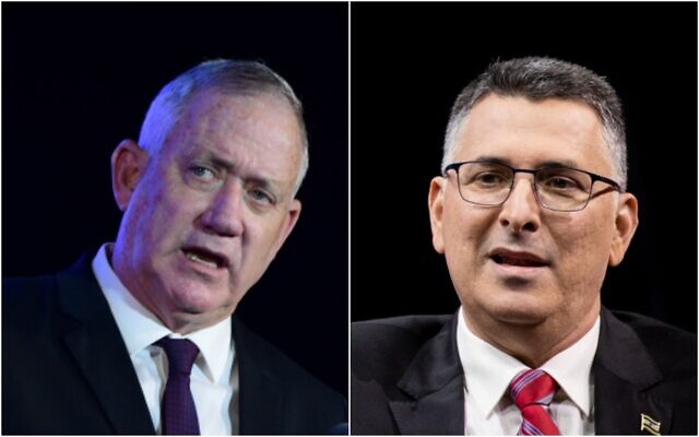 A gauche, le ministre de la Défense Benny Gantz, le 14 juillet 2021 ; à droite, le ministre de la Justice Gideon Saar, le 7 mars 2021. (Crédit : Tomer Neuberg/Flash90; Yonatan Sindel/Flash90) A gauche, le ministre de la Défense Benny Gantz, le 14 juillet 2021 ; à droite, le ministre de la Justice Gideon Saar, le 7 mars 2021. (Crédit : Tomer Neuberg/Flash90; Yonatan Sindel/Flash90)