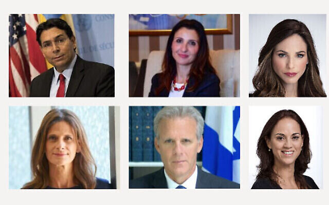 Les candidats en lice pour devenir le prochain chef de l'Agence juive, dans le sens des aiguilles d'une montre à partir du haut de la gauche - Danny Danon, Fleur Hassan-Nahoum, Omer Yankelevich, Michal Cotler-Wunsh, Michael Oren, Ruth Calderon (Autorisation)