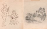 Les dessins des enfants Cézanne : à gauche, un soldat et une vieille femme, signé Paul Cézanne. A droite, un calvaire dessiné par sa soeur Marie. - Ivoire Reims