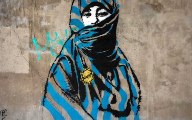 Une fresque montrant une femme voilée porteuse d'une étoile jaune, visible depuis plusieurs mois à Grenoble, en février 2022. (Crédit : Twitter) Une fresque montrant une femme voilée porteuse d'une étoile jaune, visible depuis plusieurs mois à Grenoble, en février 2022. (Crédit : Twitter)
