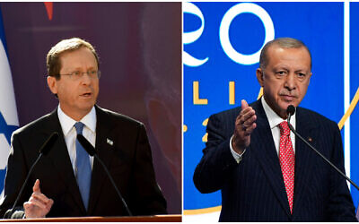 Le président Isaac Herzog (à gauche) et le président turc Recep Tayyip Erdogan (à droite). (Crédits : AP)