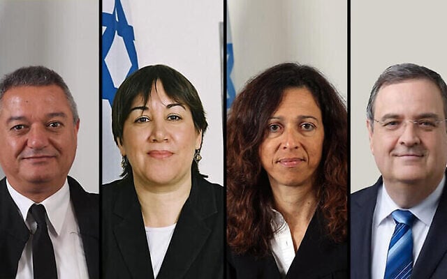 Les magistrats à la Cour suprême , de gauche à droite : Khaled Kabub, Gila Kanfi-Steinitz, Ruth Ronnen et Yechiel Kasher. Crédit : Autorité judiciaire, TOMER JACOBSON) Les magistrats à la Cour suprême , de gauche à droite : Khaled Kabub, Gila Kanfi-Steinitz, Ruth Ronnen et Yechiel Kasher. Crédit : Autorité judiciaire, TOMER JACOBSON)