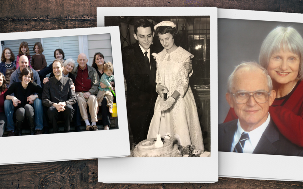 Mark et Felice Feldstein avec leur famille, le jour de leur mariage en 1955 et plus tard dans la vie. (Crédit : Mark Feldstein ; montage de Mollie Suss)