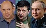 Montage photos du Premier ministre Naftali Bennett à gauche, le président ukrainien Volodymyr Zelensky au centre, et le président russe Vladimir Poutine à droite. (Crédit : AFP)