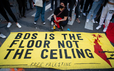 Activistes BDS anti-Israël à New York, le 15 mai 2021. Illustration (Crédit : Luke Tress/Times of Israel)