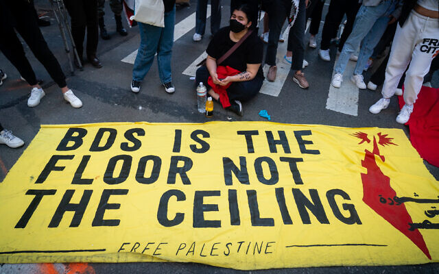 Activistes BDS anti-Israël à New York, le 15 mai 2021. Illustration (Crédit : Luke Tress/Times of Israel)