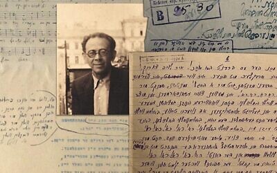 Moyshe Beregovsky et divers documents et partitions rassemblés dans ses vastes archives de chansons folkloriques yiddish et klezmer. (Crédit : Jewish Music Forum/JTA)
