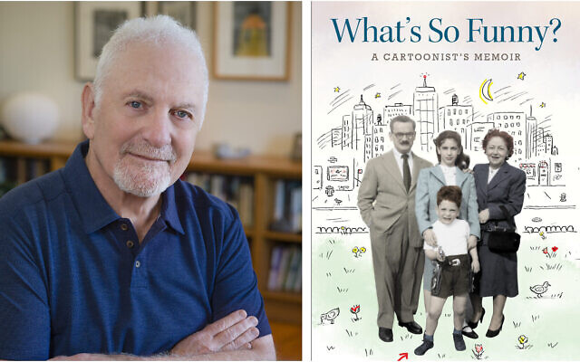 David Sipress et la couverture de son livre "What's So Funny ? (Crédit : Photo : Nina Subin. Couverture : Mariner Books/JTA)