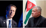 Le président Isaac Herzog (à gauche) s'exprime lors d'une conférence à Jérusalem, le 1er août 2021 ; le roi Abdallah II de Jordanie (à droite) écoute lors d'une réunion avec le secrétaire d'État américain Antony Blinken, à Amman, en Jordanie, le 26 mai 2021. (Crédit : Yonatan Sindel/Flash90 ; Crédit : Alex Brandon/AP)