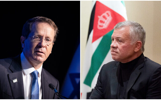 Le président Isaac Herzog (à gauche) s'exprime lors d'une conférence à Jérusalem, le 1er août 2021 ; le roi Abdallah II de Jordanie (à droite) écoute lors d'une réunion avec le secrétaire d'État américain Antony Blinken, à Amman, en Jordanie, le 26 mai 2021. (Crédit : Yonatan Sindel/Flash90 ; Crédit : Alex Brandon/AP) Le président Isaac Herzog (à gauche) s'exprime lors d'une conférence à Jérusalem, le 1er août 2021 ; le roi Abdallah II de Jordanie (à droite) écoute lors d'une réunion avec le secrétaire d'État américain Antony Blinken, à Amman, en Jordanie, le 26 mai 2021. (Crédit : Yonatan Sindel/Flash90 ; Crédit : Alex Brandon/AP)