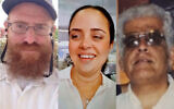 Trois des quatre victimes  d'un attentat terroriste à Beer Sheva, le 22 mars 2022 :  Le rabbin Moshe Kravitzky, à gauche ; Laura Yitzhak, au centre ; Menahem Yehezkel, à droite. La quatrième victime s'appelait Doris Yahbas. (Réseaux sociaux/Autorisation)