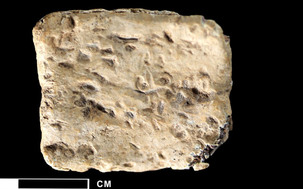 Gros plan de l'extérieur de la tablette de la malédiction en plomb de l'âge du bronze, découverte sur le mont Ebal en 2019. (Crédit : Michael C. Luddeni/Associates for Biblical Research)