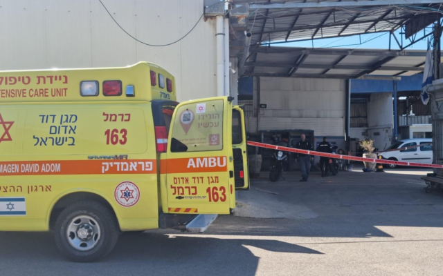 Des ambulanciers arrivent sur les lieux d’un accident dans la zone industrielle de Haïfa, le 16 mars 2022. Illustration (Credit : Magen David Adom) Des ambulanciers arrivent sur les lieux d’un accident dans la zone industrielle de Haïfa, le 16 mars 2022. Illustration (Credit : Magen David Adom)