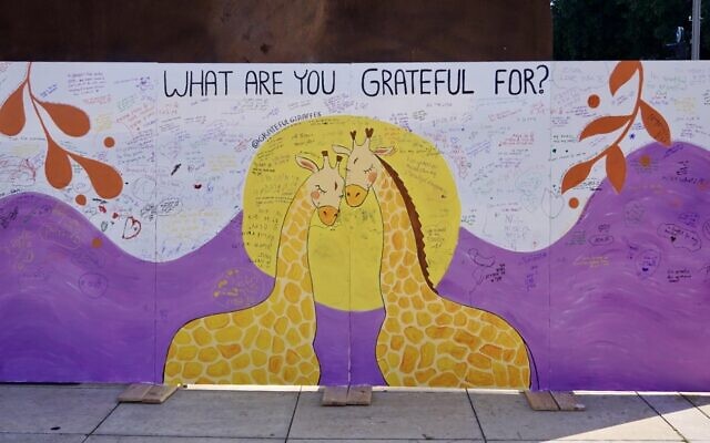 Le mur de la gratitude, une installation artistique située au centre de la place Habima à Tel Aviv jusqu'au 9 avril 2022 (Crédit : Autorisation Max Marine) Le mur de la gratitude, une installation artistique située au centre de la place Habima à Tel Aviv jusqu'au 9 avril 2022 (Crédit : Autorisation Max Marine)