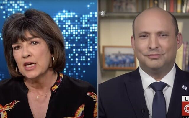 Christiane Amanpour de CNN interviewe le Premier ministre Naftali Bennett le 20 avril 2022. (Crédit: Capture d'écran : YouTube) Christiane Amanpour de CNN interviewe le Premier ministre Naftali Bennett le 20 avril 2022. (Crédit: Capture d'écran : YouTube)