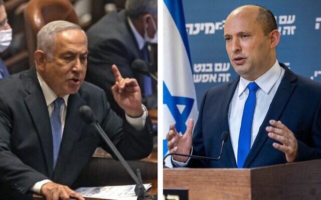 À gauche, l'ancien Premier ministre Benjamin Netanyahu, et l'actuel Premier ministre Naftali Bennett (Crédit : Menahem Kahana/AFP ; Yonatan Sindel/Flash90) À gauche, l'ancien Premier ministre Benjamin Netanyahu, et l'actuel Premier ministre Naftali Bennett (Crédit : Menahem Kahana/AFP ; Yonatan Sindel/Flash90)