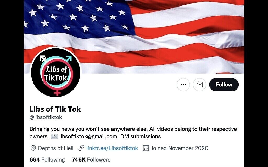 Capture d’écran du fil Twitter Libs of TikTok, compte géré par un Juif orthodoxe axé sur les enseignants qui éduquent les enfants à la sexualité et à l’identité de genre. (Crédit : Twitter / via la JTA) Capture d’écran du fil Twitter Libs of TikTok, compte géré par un Juif orthodoxe axé sur les enseignants qui éduquent les enfants à la sexualité et à l’identité de genre. (Crédit : Twitter / via la JTA)