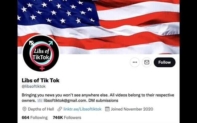 Capture d’écran du fil Twitter Libs of TikTok, compte géré par un Juif orthodoxe axé sur les enseignants qui éduquent les enfants à la sexualité et à l’identité de genre. (Crédit : Twitter / via la JTA)