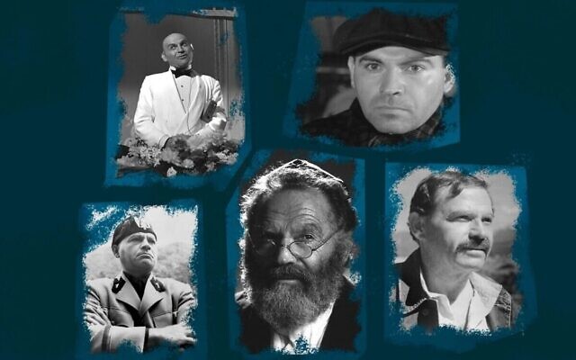 Nehemiah Persoff aura joué dans des centaines d'œuvres à l'écran, de classiques de Hollywood ou à la télévision. Dans le sens des iaguilles d'une montre, à partir d'en haut à gauche : "Certains l'aiment chaud", "Sur les quais", "Red Sky at Morning," "Yentl" et "Playhouse 90" (dans le rôle de Benito Mussolini).  (Crédit : Nehemiah Persoff/Photo illustration by Grace Yagel)