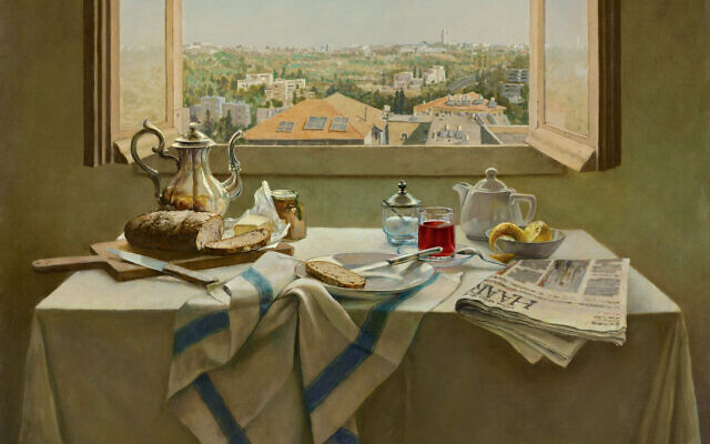 Petit-déjeuner à Talbiya, huile sur toile de Marek Yanai, pour l’exposition "On the Threshold, Jerusalem in Oil and Watercolor", à Beit Avi Chai, jusqu'en juillet 2022. (Crédit : Autorisation de Beit Avi Chai)