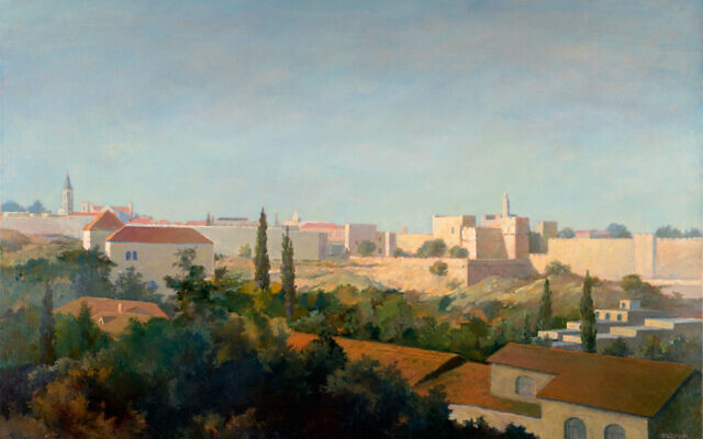 Dusk from the King David Hotel Rooftop, huile sur toile de Marek Yanai, pour l’exposition "On the Threshold, Jerusalem in Oil and Watercolor", à Beit Avi Chai, jusqu'en juillet 2022. (Crédit : Autorisation de Beit Avi Chai)
