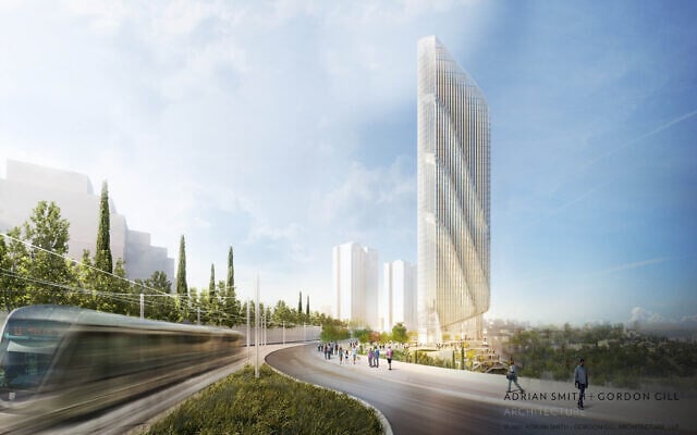 Illustration de la nouvelle tour prévue pour le complexe Epstein à Jérusalem, surnommée le « Burj Jérusalem », vue depuis la ligne de chemin de fer légère prévue. (Crédit : AS+GG- Smith-Gil Architecture/Architectes locaux Studio Yigal Levi Architects)