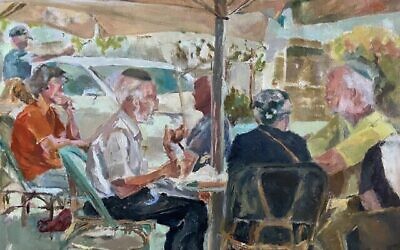 « Café de Jérusalem », huile sur toile de Zavi Apfelbaum, exposée dans le cadre de l'exposition « Lumière, Vie et Terre - Scènes de la vie israélienne  » dont le vernissage a lieu le 3 mai 2022 au Teatro Paesana de Turin, en Italie (Crédit : Autorisation de Zavi Apfelbaum)