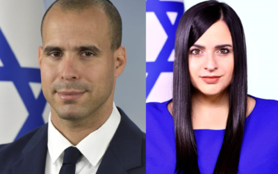Eden Bizmanà à gauche, et  Keren Hajioff  sont respectivement nommés chef de cabinet et haute-conseillère aux Affaires étrangères et aux médias au bureau du Premier ministre. (Crédit : Haim Zach/Kobi Gideon)