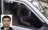 Le corps d'un haut responsable des Gardiens de la révolution iraniens, identifié comme étant le colonel Hassan Sayad Khodaeï, qui a été assassiné à Téhéran le 22 mai 2022. En médaillon : Khodaeï (Crédit: Twitter/screenshot)