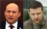 Une photo composite du Premier ministre israélien Naftali Bennett à Jérusalem, le dimanche 6 mars 2022, et le président ukrainien Volodymyr Zelensky à Kiev, en Ukraine, le 12 mars 2022. (Crédit : Ronen Zvulun/Pool via AP; Bureau de presse du président ukrainien via AP)
