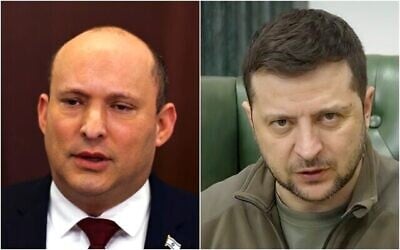 Une photo composite du Premier ministre israélien Naftali Bennett à Jérusalem, le dimanche 6 mars 2022, et le président ukrainien Volodymyr Zelensky à Kiev, en Ukraine, le 12 mars 2022. (Crédit : Ronen Zvulun/Pool via AP; Bureau de presse du président ukrainien via AP)