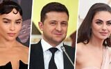 Zoë Kravitz, à gauche, le président ukrainien Volodymyr Zelensky, au centre, et Mila Kunis, à droite, font partie de la liste annuelle du magazine Time des 100 personnes les plus influentes au monde. (Crédit : Cindy Ord/Irina Yakovleva/TASS/David Livingston/Getty Images)