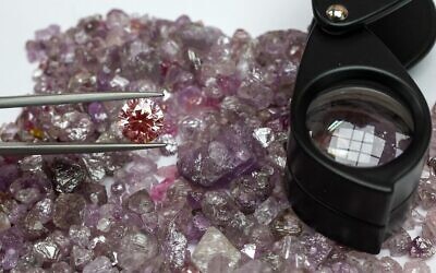 Pravin Kukadia, directeur d'Eminent Gems Ltd, montre des diamants à l'AFP lors d'une interview dans son bureau du Israel World Diamond Center, dans la banlieue de Tel Aviv, à Ramat Gan, le 16 mai 2022. (Crédit: Jack Guez/AFP)