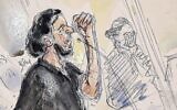 Ce croquis d'audience réalisé le 8 septembre 2021 montre Salah Abdeslam, dernier membre survivant de la cellule djihadiste des attentats de Paris de novembre 2015, lors du premier jour du procès des attentats de Paris et Saint-Denis de novembre 2015 qui se déroule dans une salle d'audience temporaire installée au palais de justice historique de Paris, le 8 septembre 2021. (Crédit : Benoit Peyrucq/AFP)