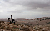 Un garçon palestinien chevauche un âne dans la zone E1 près de l'implantation de Maale Adumim en Cisjordanie, le 5 décembre 2012. (Crédit : Sebastian Scheiner/AP)