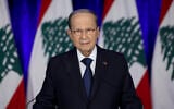 Le président libanais Michel Aoun s'exprime lors d'un discours à la nation au palais présidentiel, à Baabda, à l'est de Beyrouth, au Liban, le 21 novembre 2019. (Crédit : Dalati Nohra/AP)