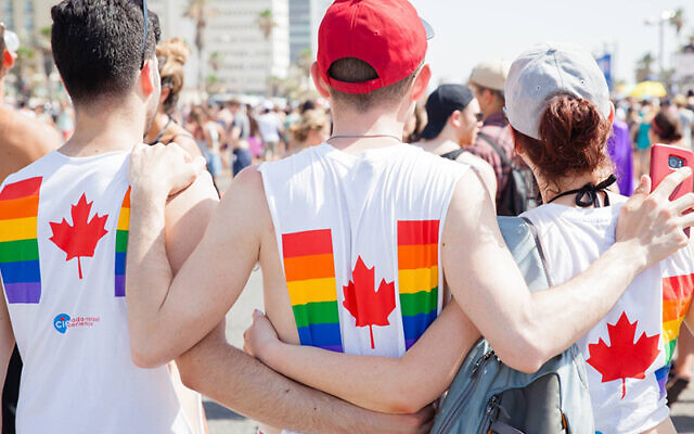 Des participants au voyage LGBTQ Birthright Israel de l'Expérience Canada-Israël à Tel Aviv pendant la Pride (Crédit : Autorisation).