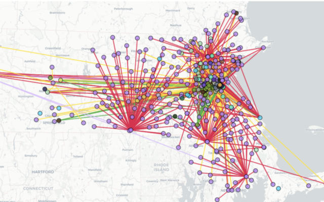 Une carte des prétendus liens entre organisations juives et autres organisations du Massachusetts créée par le groupe militant progressiste The Mapping Project, dont le but est de cartographier le "soutien institutionnel à la colonisation de la Palestine" (Crédit : Capture d'écran/JTA) Une carte des prétendus liens entre organisations juives et autres organisations du Massachusetts créée par le groupe militant progressiste The Mapping Project, dont le but est de cartographier le "soutien institutionnel à la colonisation de la Palestine" (Crédit : Capture d'écran/JTA)