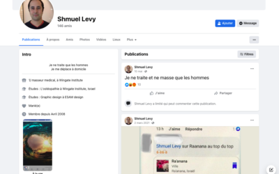 Capture d’écran du compte Facebook de Shmuel Levy, ostéopathe autoproclamé, Franco-Israélien, accusé d'agressions sexuelles par sept femmes.