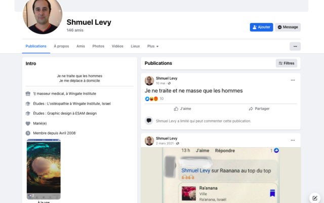 Capture d’écran du compte Facebook de Shmuel Levy, ostéopathe autoproclamé, Franco-Israélien, accusé d'agressions sexuelles par sept femmes.